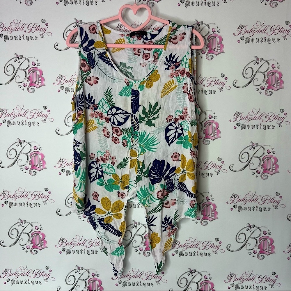 Yest tank top tie up ribbon Floral Sleeveless Top - Multicolor